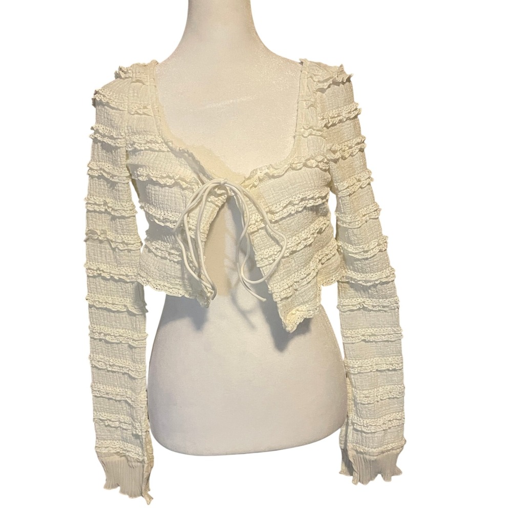 Women Y2K Coquette Boho Ruffle Tie Front Crop Top Size XS Cottage Fairy Romantic